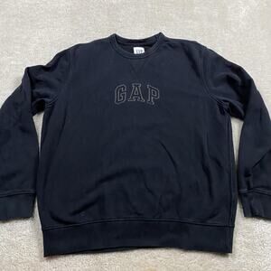 Gap Sweatshirt Mens L Black Spellout Logo Crewneck Fleece Pullover Embroidered